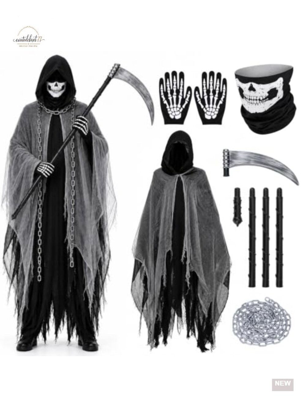 Grim Reaper Costume 5 Pc Set with Scythe Mask Gloves Hooded Cloak
